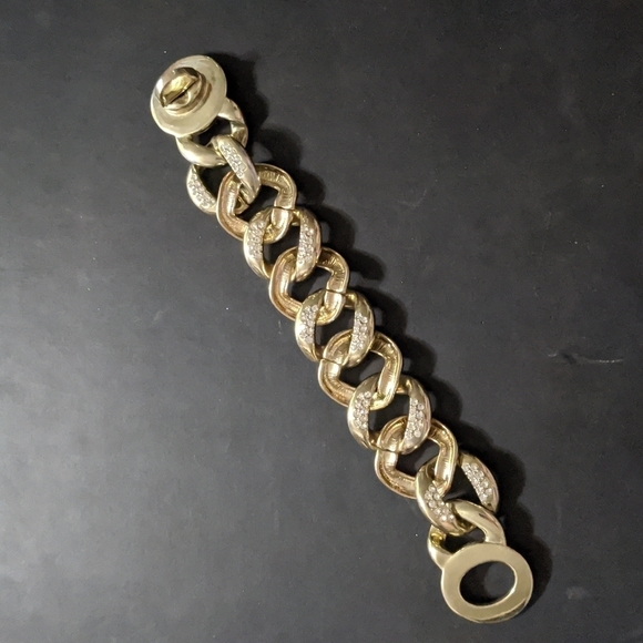 Gold Tone Rhinestone Chunky Chain Turn Lock Statement Bracelet - Picture 1 of 5